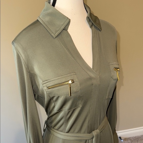 INC International Concepts Olive Green Belted Sheath Dress Long Sleeve Collared - Picture 4 of 11
